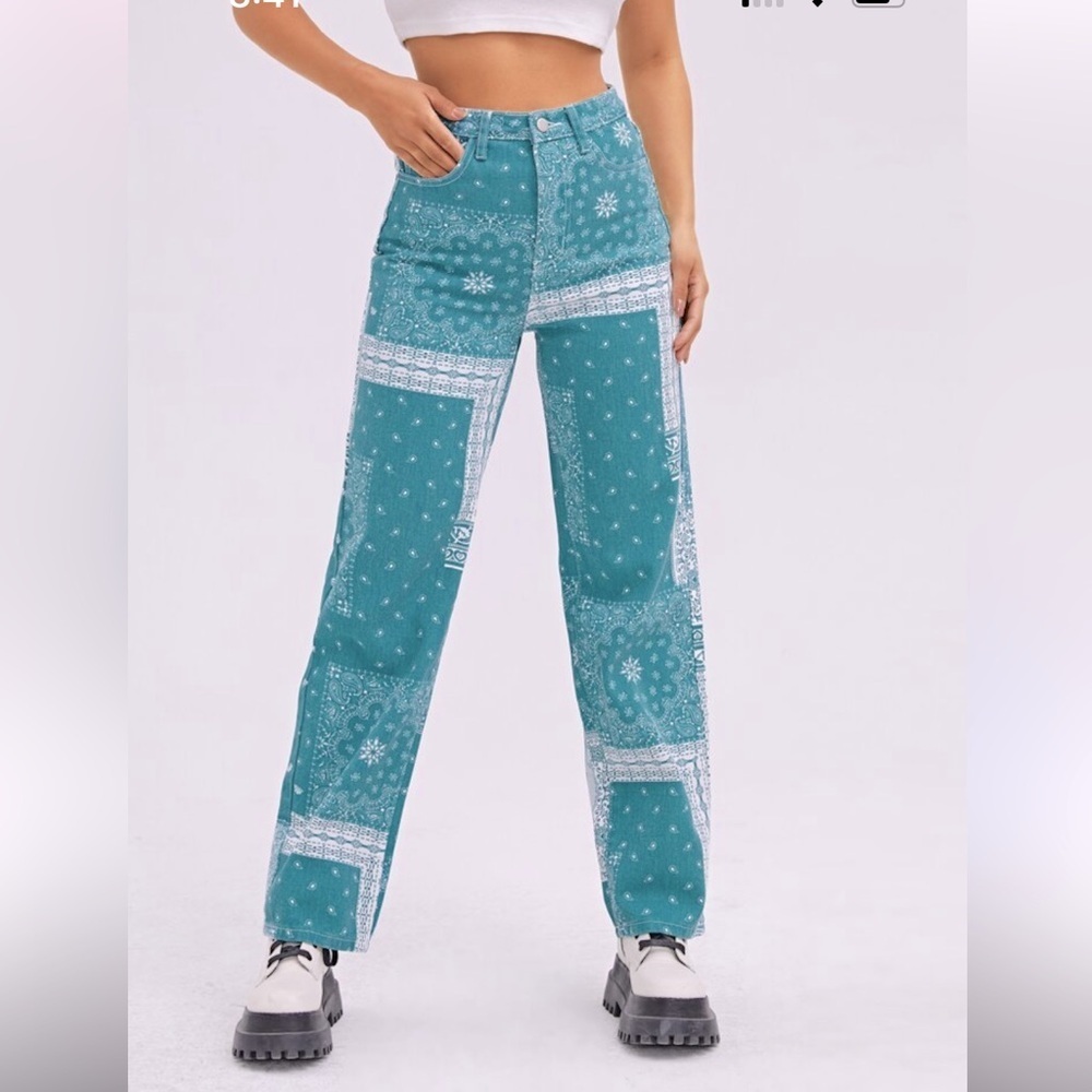 Paisley and Scarf Print High Waist Straight Leg Jeans size M Shein